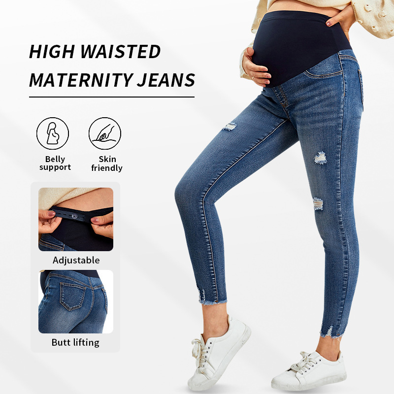 European and American Export Style Jeans for Women, Washed Blue, Slim Fit, Belly Support, Butt Lift, Small Leg Pants, Tight Denim Pants for Pregnant Women