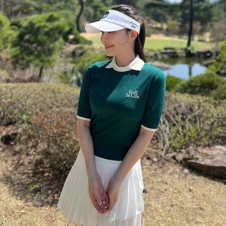 韩国MB GOLF 高尔夫翻领针织衫女士夏季套装短袖上衣刺绣女款