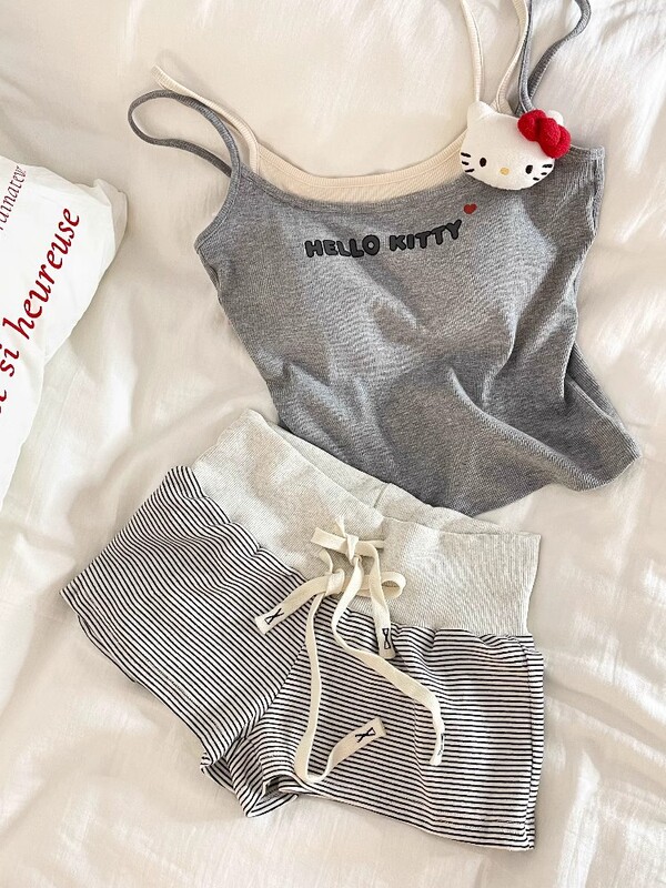 Cute Girl Kitty Summer New Stripesd Shorts Casual Sports Fitness Home Three-Point Wide-Leg Pants for Women Ins