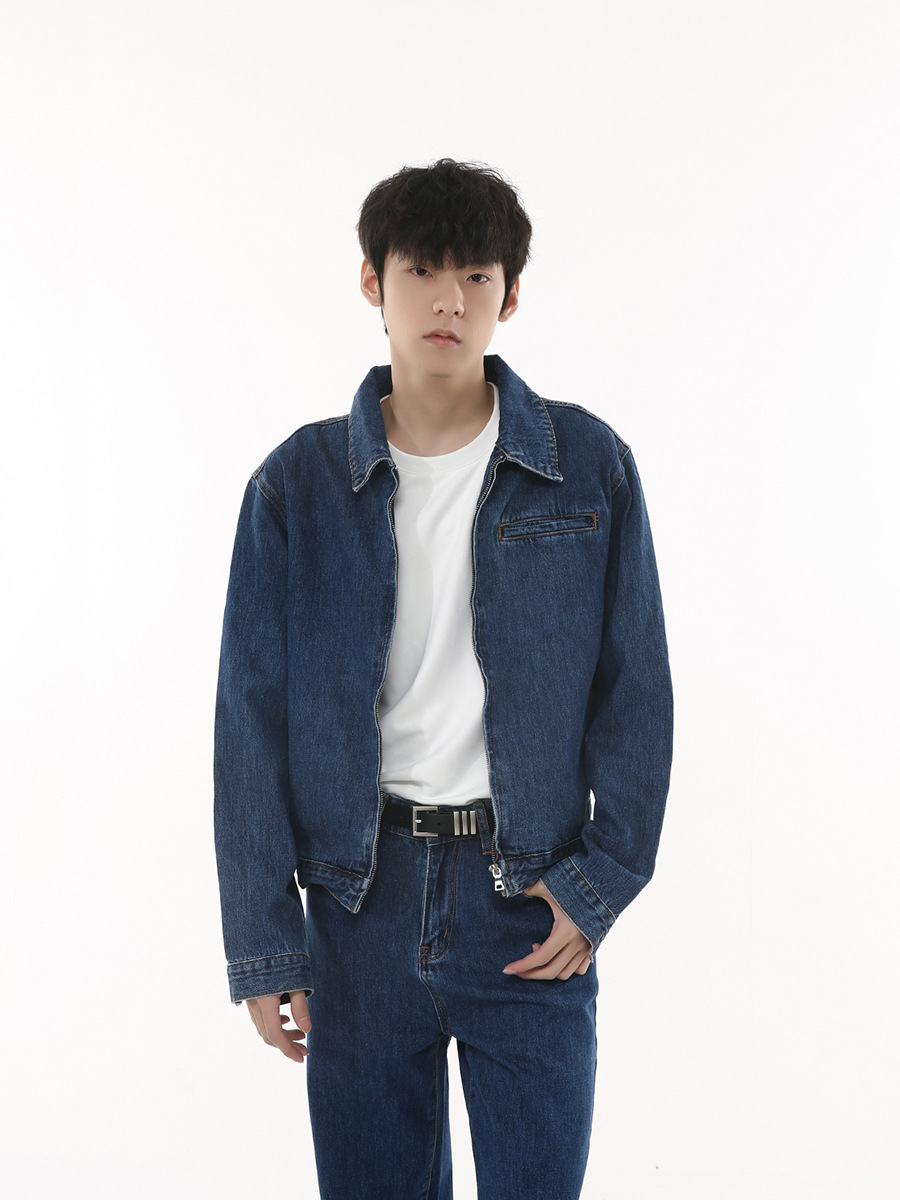 MTLClothes ropa de Hombre | 2023 otoño nueva recta suelta color sólido cremallera corta abrigo Denim traje