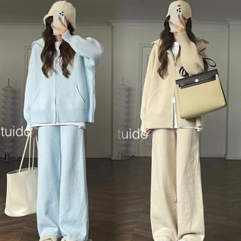 임산부 옷 가을 정장 유행 스타일 외출 대형 사이즈 가을 겨울 스웨터 여성용 2024년 신상품 봄 가을 투피스 정장