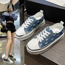 韩版夏秋时尚新款水钻牛仔布破洞系带单鞋女外贸跨境厚底显腿板鞋