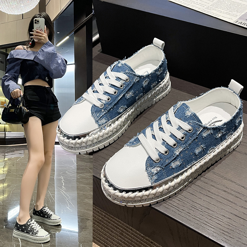 韩版夏秋时尚新款水钻牛仔布破洞系带单鞋女外贸跨境厚底显腿板鞋