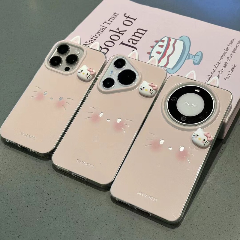 粉Kitty表情耳朵适用苹果16ProMax大孔手机壳vivo华为oppo小米15|undefined