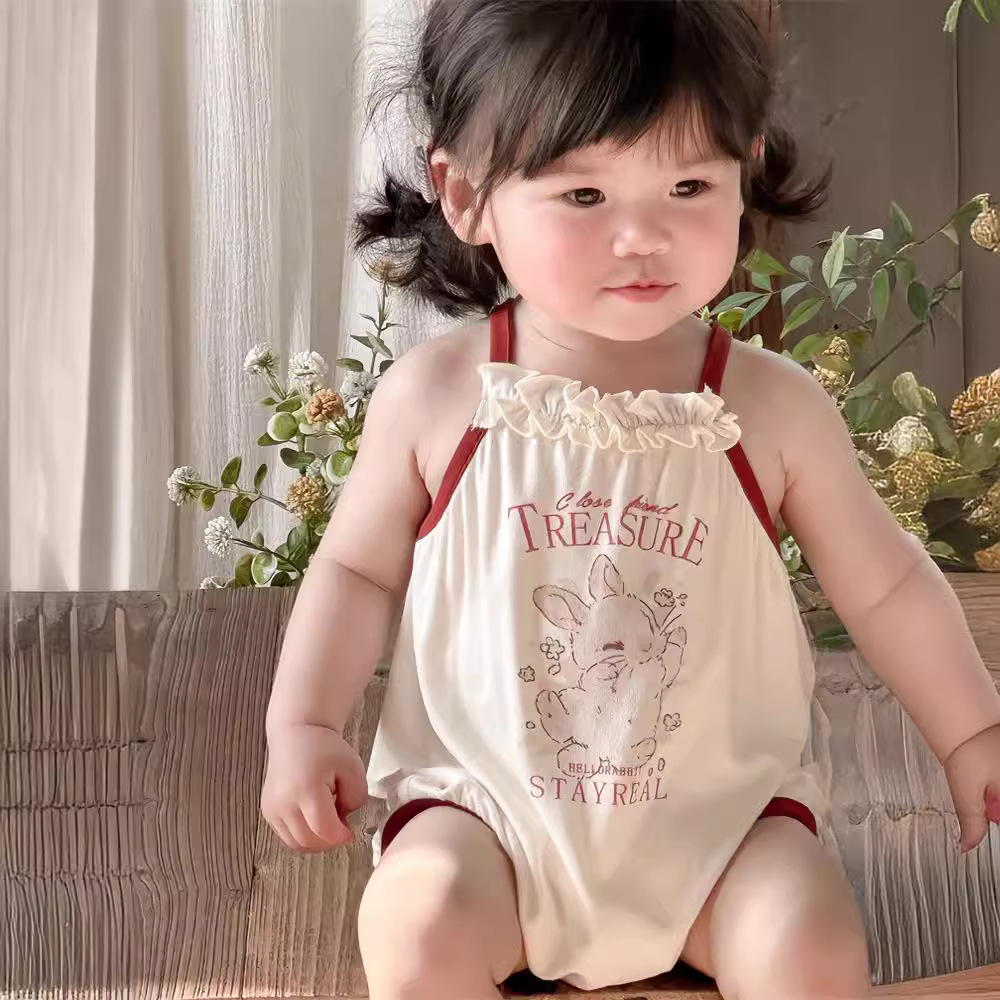 Ropa de bebé, tirantes, pedo, bebé de verano, mamelucos delgados súper extranjeros, cuello de encaje, conejito, una pieza