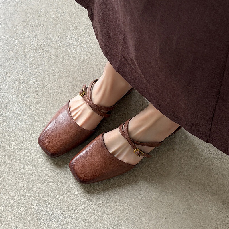Casual Pedicure Cross-Strap Mules 2026 Summer New Square-Toe Sandals for Women Genuine Leather Flat Outdoor Half-Slippers Size 40 Casual Pedicure Cross-Strap Mules 2026 Summer New Square-Toe Sandals for Women Genuine Leather Flat Outdoor Half-Slippers Size 40