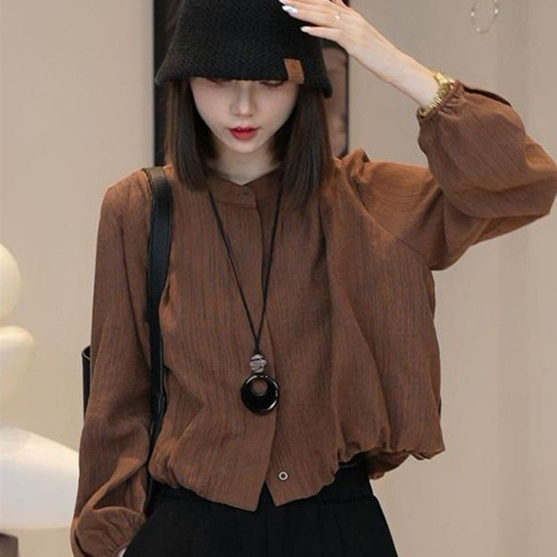 French Retro High-End Round Neck Long-Sleeved Pure Color Shirt for Women in Autum New Style Chic Unique and Beautiful Short Top French Retro High-End Round Neck Long-Sleeved Pure Color Shirt for Women in Autum New Style Chic Unique and Beautiful Short Top