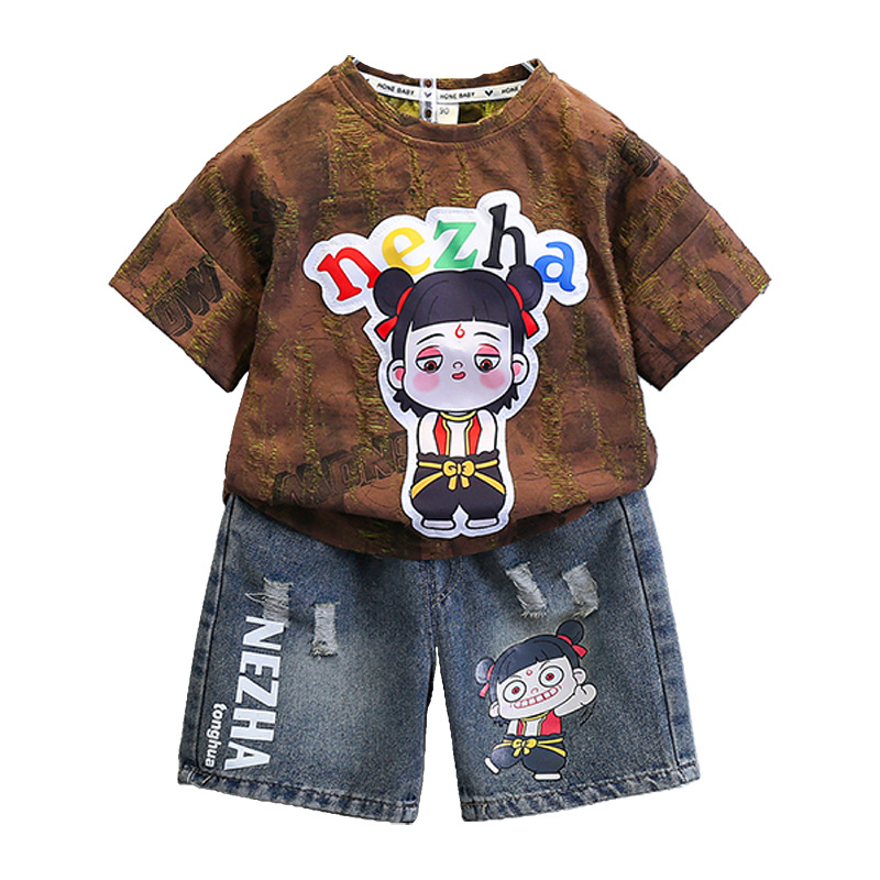 7233 Summer Nezha Clothing Traje de camiseta delgada para niños Jeans para niños Pantalones cortos para bebés Traje de dos piezas de manga corta 3