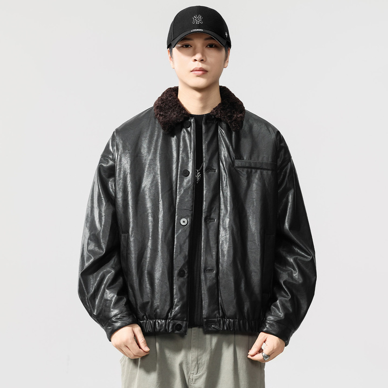 Imitation Lambswool Lapel Warm Pu Leather Jacket 2025 New Tough Guy Style American Pilot Jacket Retro Light Luxury