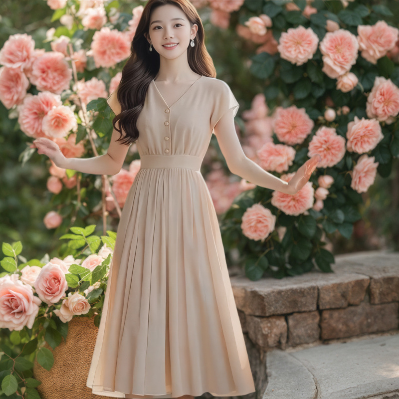 Spot V-Neck Pure Color Chiffon Dress for Women 2025 New Summer Waist-Cinching Elegant Light Mature Style Mid-Length Skirt