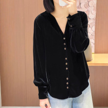 南油批发2025年秋季新款 V领排扣真丝丝绒上衣高级感百搭女款衬衫