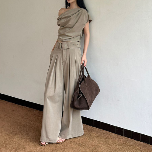 Apricot Irregular Off-the-Shoulder Wide Leg Pants Set Women Fashion Design Sense Top Graceful Suit Long Pants Two-Piece Set 