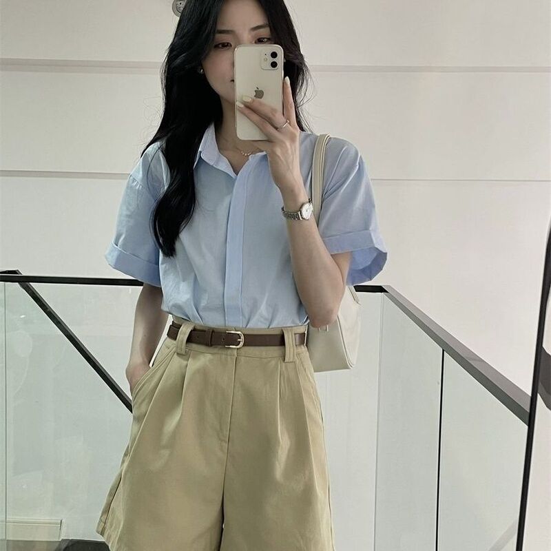 2026 Summer French-Style Light Blue Short-Sleeve Loose Shirt for Female Students, Thin New Professional Cardigan Shirt 2026 Summer French-Style Light Blue Short-Sleeve Loose Shirt for Female Students, Thin New Professional Cardigan Shirt