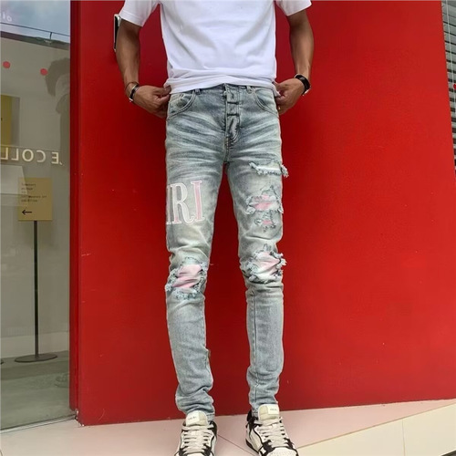 High-Version AM Style Punk Retro Blue Ripped Slim Fit Elastic Print Dye Men's Jeans
