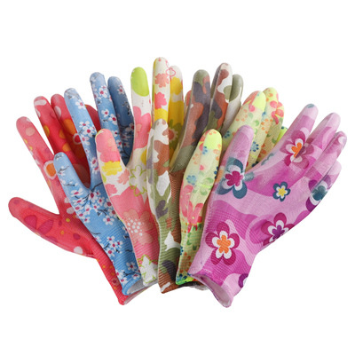 Delgado fino plástico pimienta picking Guantes ligero y flexible verano hilo de nylon con pegamento PU recubierto palma polvo trabajo guantes de las mujeres