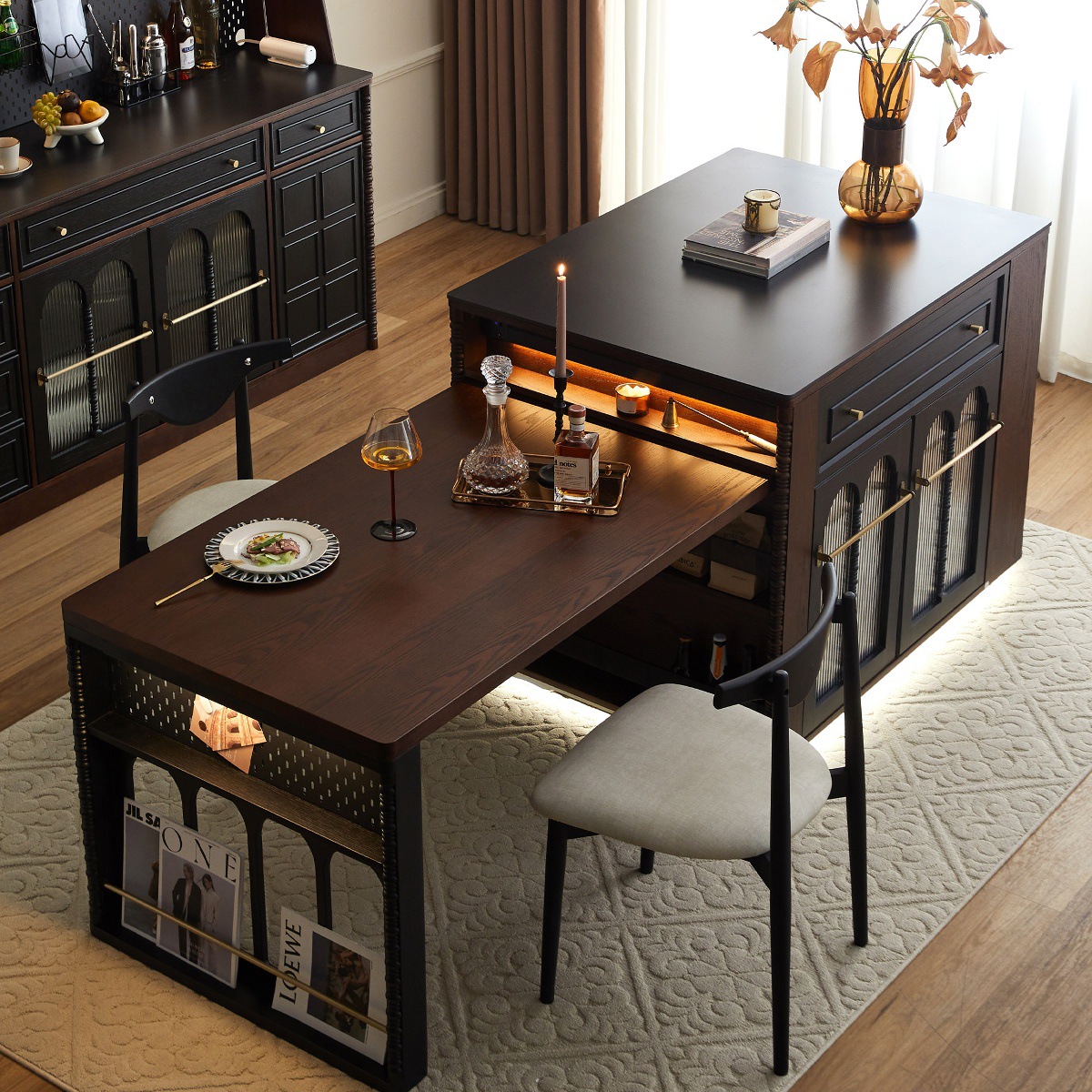 French Retro Style Island Table and Dining Table Integrated Multifunctional Solid Wood Retractable Bar Table for Small Apartments