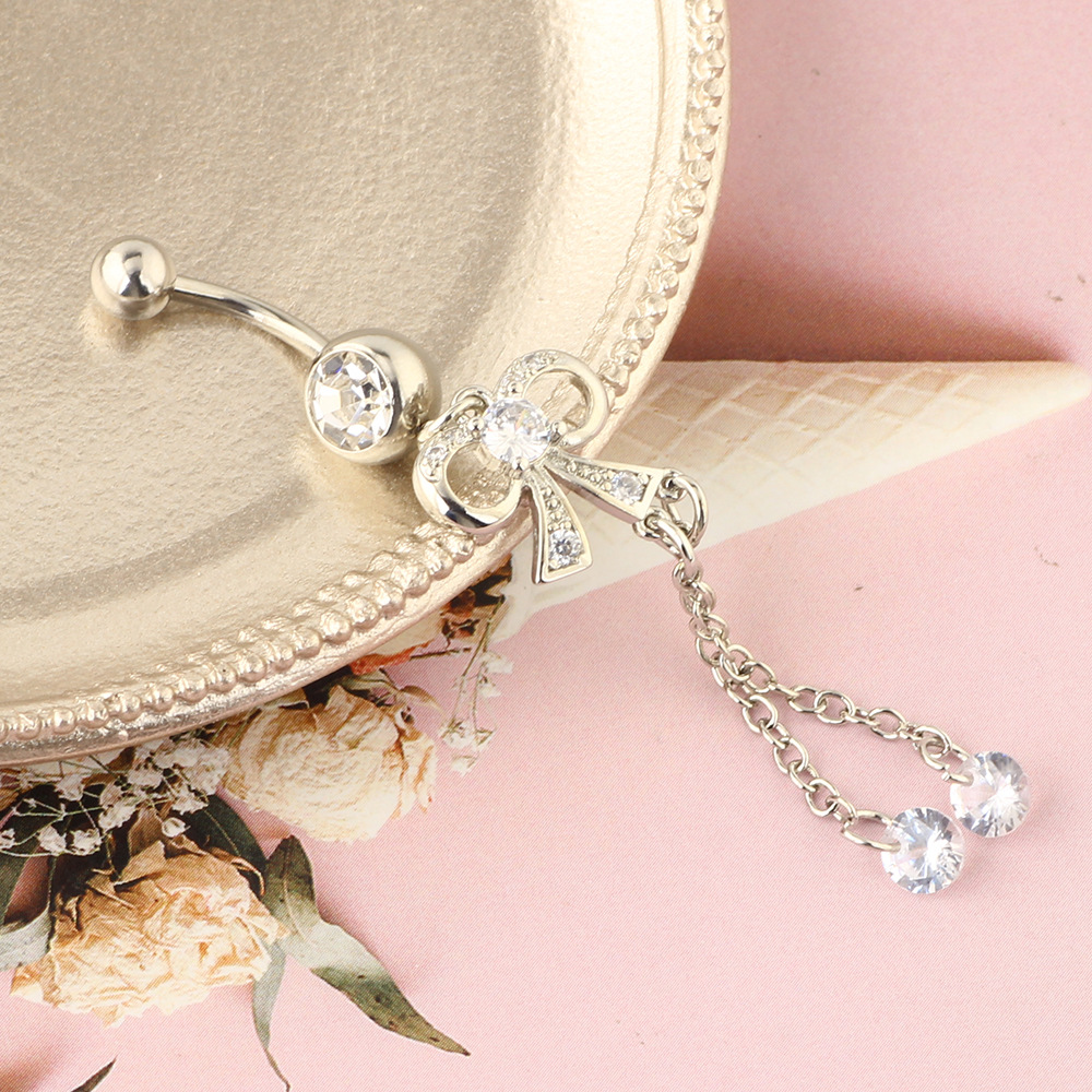 Long Pendant Bow Zircon Navel Ring Stainless Steel Rod Piercing Jewelry Belly Button Ring Rose Gold detail image 8