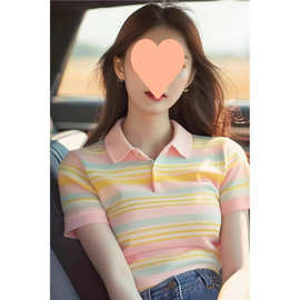夏季新款别致独特甜辣妹polo领修身上衣设计感彩色条纹短袖T恤女