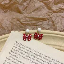 韩国秋冬新款S925银针红色波点蝴蝶结耳环小众设计感精致气质耳饰