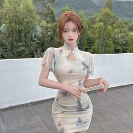 主播服装女新中式国风年轻款日常旗袍显瘦荷叶边气质短袖连衣裙夏