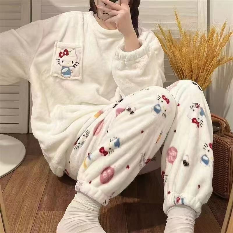Al por mayor transfronterizo otoño y invierno nuevo pijama de franela caliente para mujeres dibujos animados engrosados lindos set de terciopelo de coral suave
