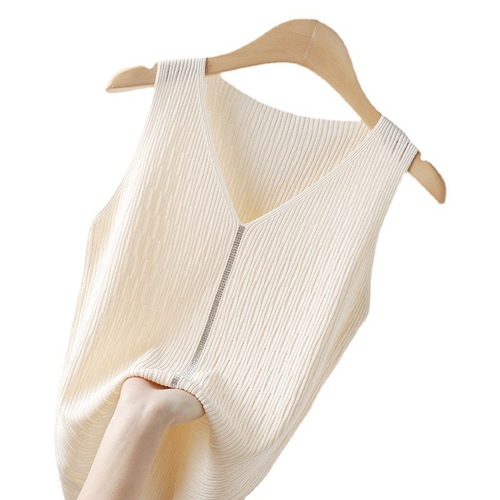 Ice Silk Camisole Women's Bottoming Shirt Summer Short Sleeveless Fashion Hot Diamond Solid Color V-Neck Slim Top