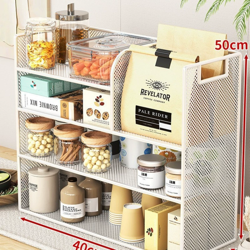 Desktop Storage Rack, Multi-Layer Mesh Frame with Oak/Teak Shelves, 2–5 Tier Options
