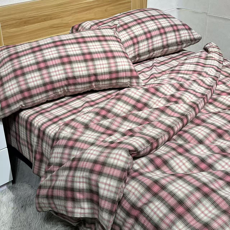Pink Plaid Pure Cotton Bed Sheet Set For Comfortable Bedding_voghion.com