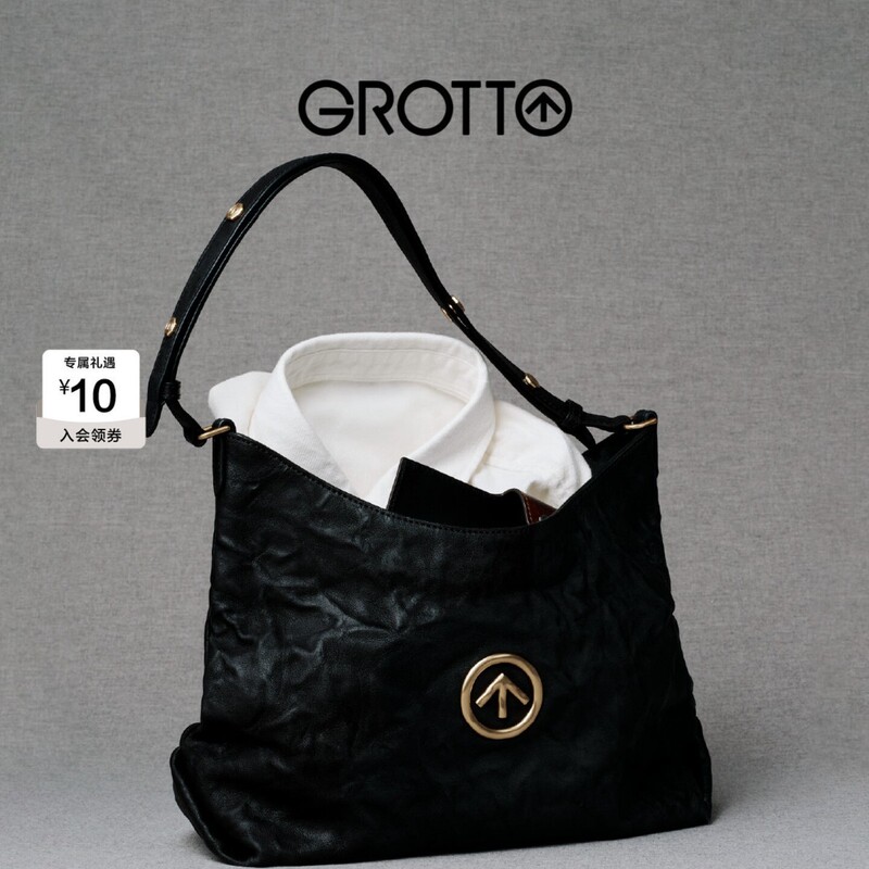 Grot Arrowhead Black Stone Hobo Bag Vegetable-Tanned Pleated Leather Underarm Shoulder Crossbody Tote Bag Commuter Women's Bag