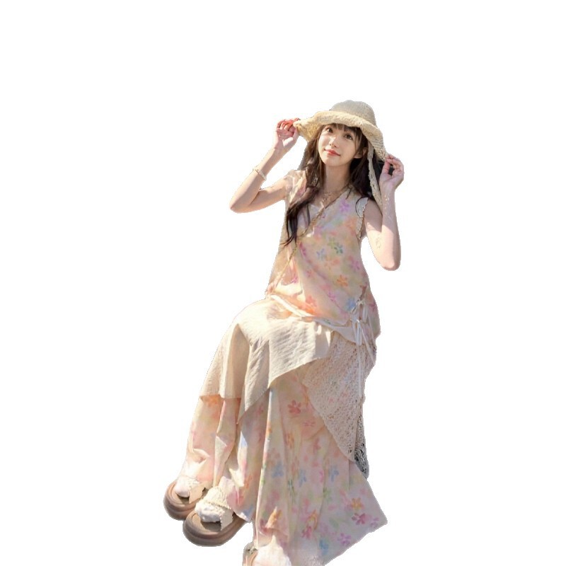 美しい夏の衣装セットドーパミン甘い花柄ノースリーブベストシャツスカートレディース夏ツーピース甘いセット|undefined