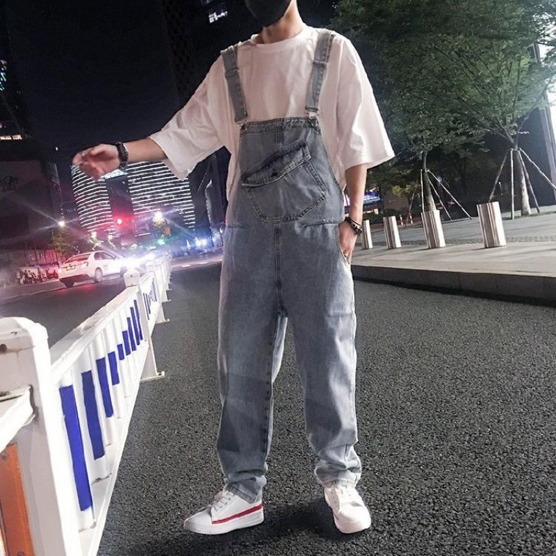 男性学生やカップル向けのワークウェアデニムオーバーオール、トレンディなカジュアルルーズ大きいサイズストレートジャンプスーツ、インダッドパンツ|undefined