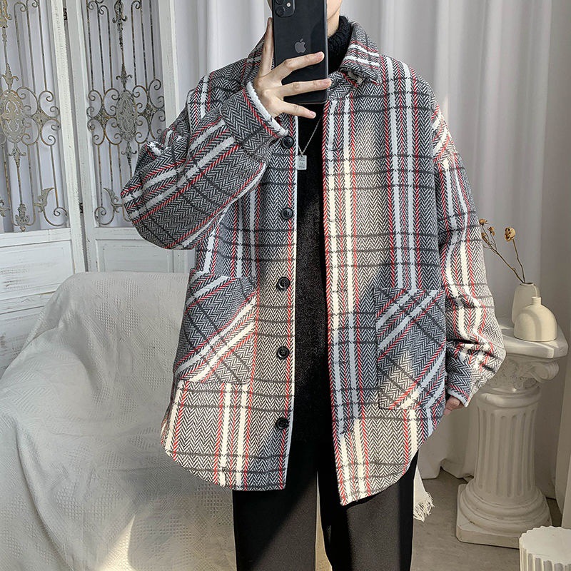 lattice Fur overcoat Autumn and winter Easy Versatile Chaopai coat Korean Edition Trend Handsome ruffian Woollen cloth clothes