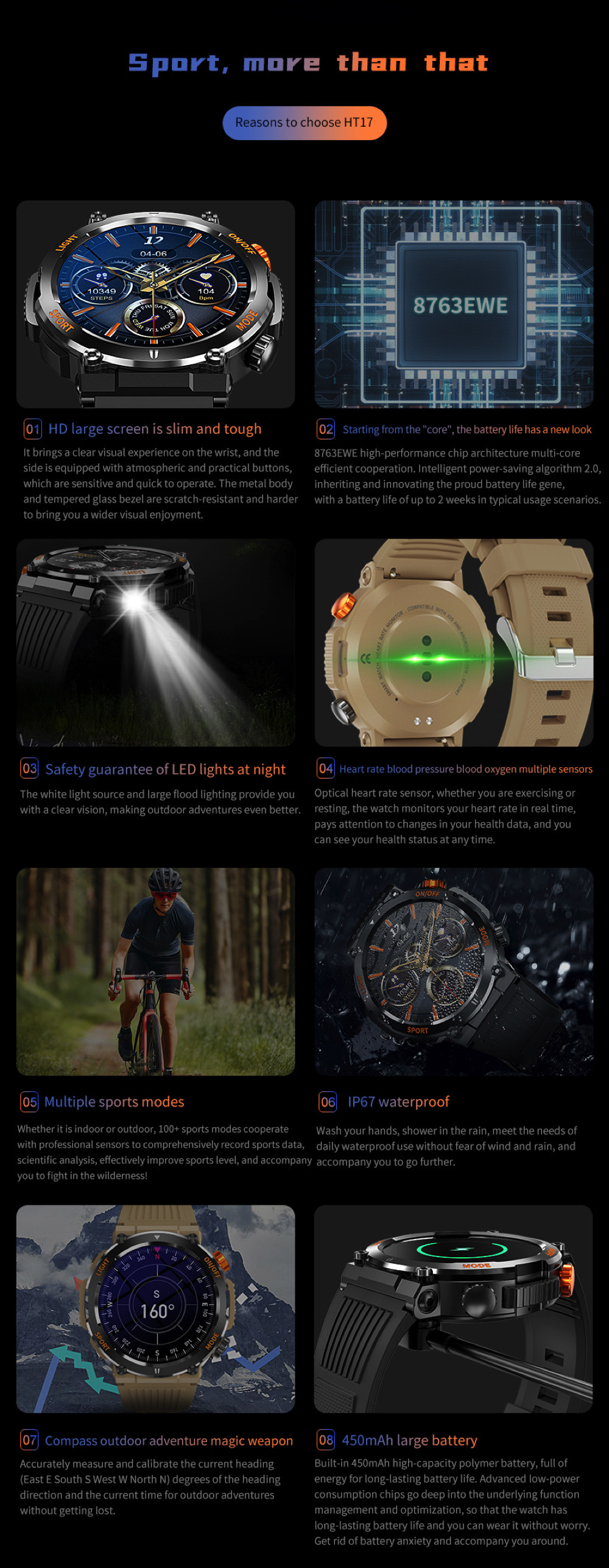 HT17 Smart Watch Herren Kompass LED Beleuchtung Outdoor Sport_voghion.com