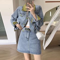 牛仔套装女装两件套时尚秋季穿搭大码胖妹妹显瘦ins学生a字短裙