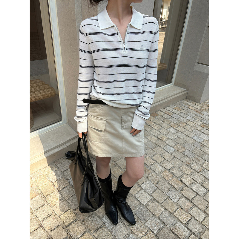 Tg Korean-Style Ol Commuter Versatile Striped Lapel Half-Zip Knit Sweater 2026 Spring New Slim-Fit Top 26518