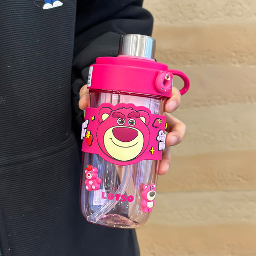 Sanrio Strawberry Bear with Straw Cute Plastic Cartoon Student Fruit Tea Cup Large Capacity Sports Cup