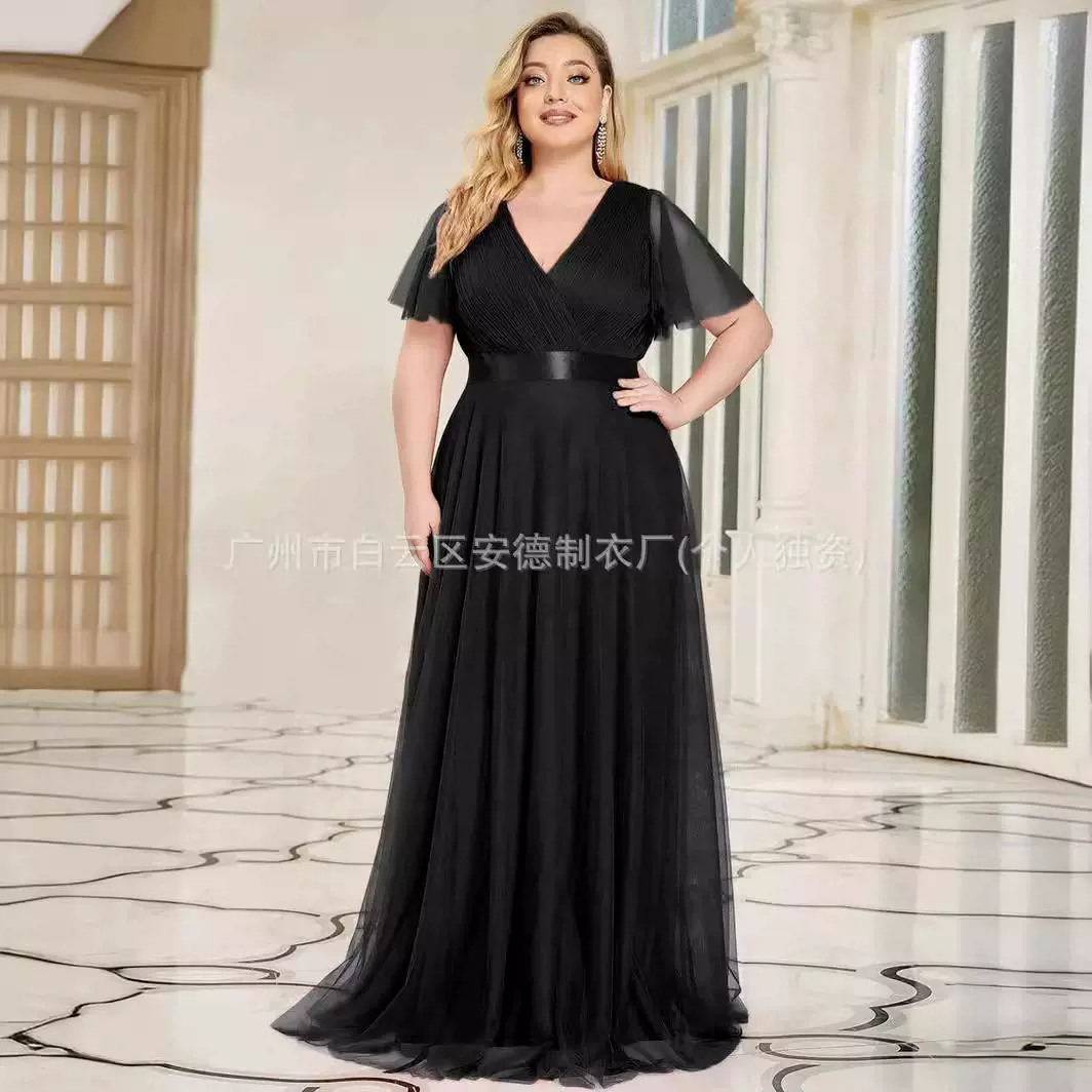 跨境大码女装时尚高腰简约优雅V领网纱连衣裙礼服欧美热卖伴娘服