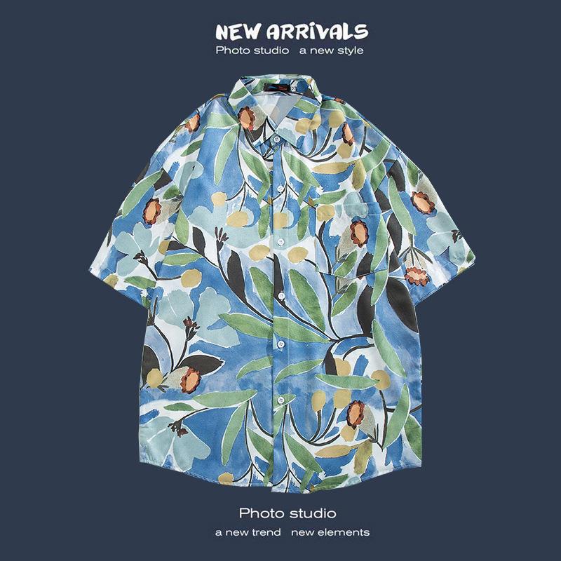 Camisas de manga corta estilo Hong Kong para hombres y mujeres, camisas florales de manga tres cuartos holgadas y delgadas de verano para playa hawaiana