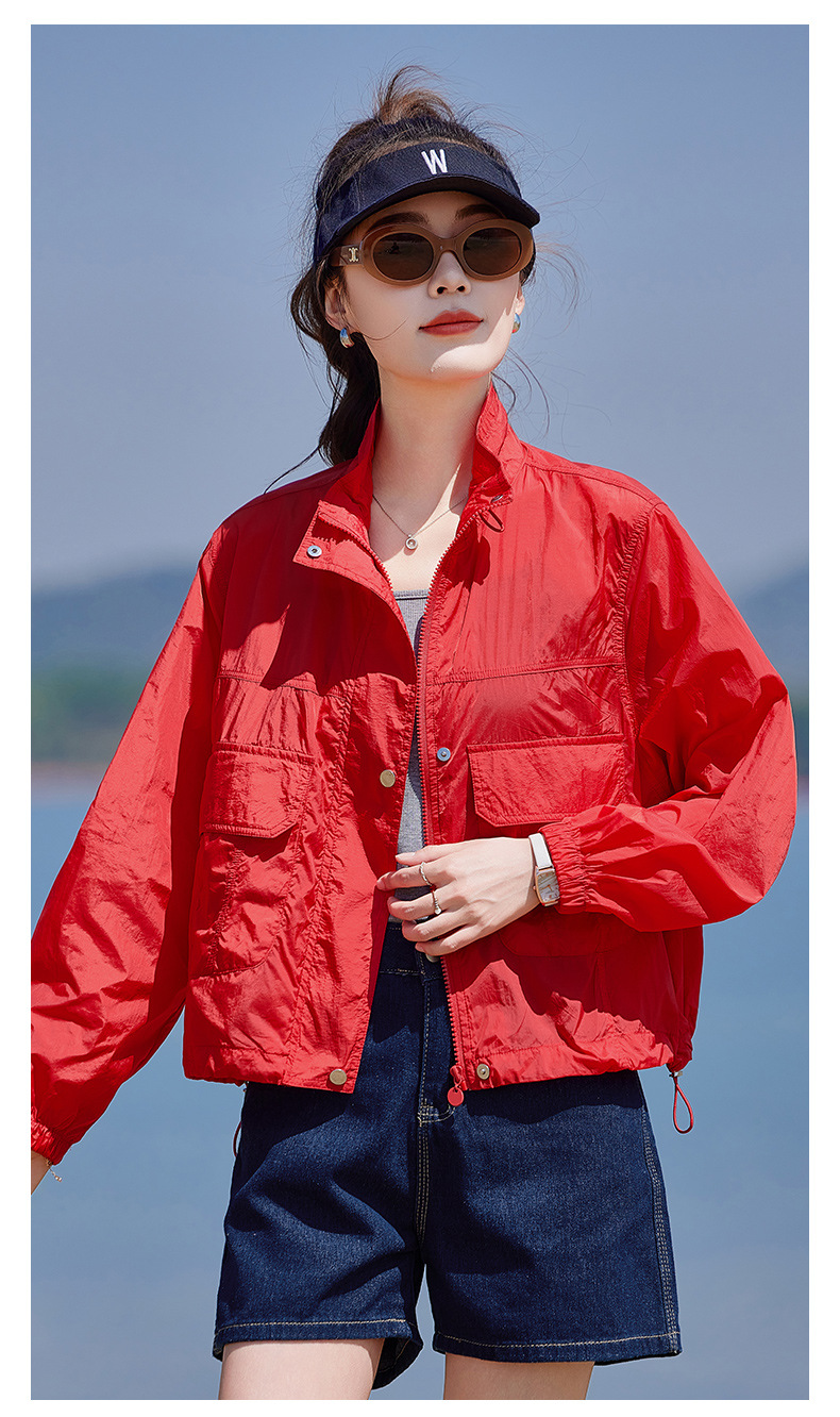 Áo chống nắng nữ cổ đứng túi hộp dáng rộng tay ngắn mỏng nhẹ — màu xanh nhạt, màu đỏ chi tiết 14