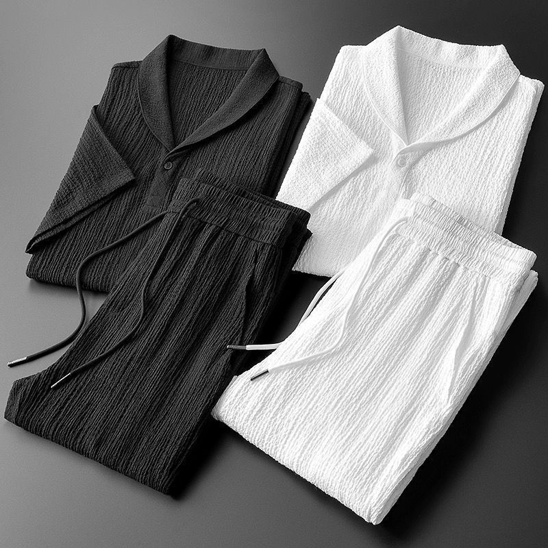 2024 New Summer Casual Sports Suit Men's Trendy Pleated Thin Green Fruit Collar Short-Sleeved Trousers Two-Piece Set 2024 New Summer Casual Sports Suit Men's Trendy Pleated Thin Green Fruit Collar Short-Sleeved Trousers Two-Piece Set