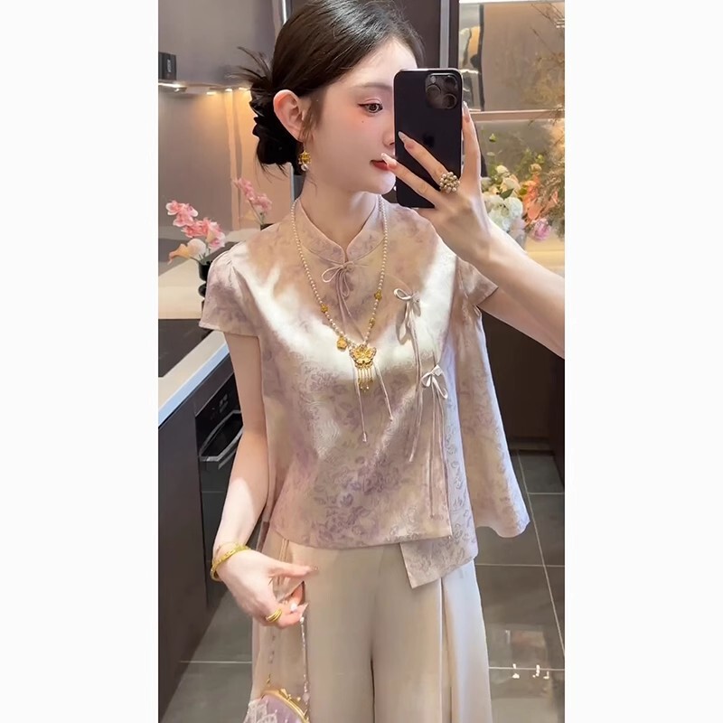 シングルピース/新しい中国風の優しい新しいスタイルの女性の夏のジャカード気質トップ韓国スタイルのシックなルーズカジュアルパンツトレンディ|undefined