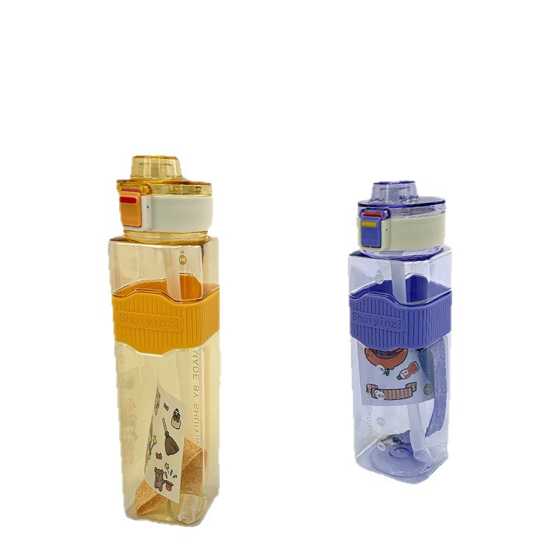 Red al por mayor de color rojo de alto valor cuadrado botella de agua de paja taza de agua de plástico cuerda portátil deportes al aire libre fitness hervidor de agua