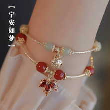 枫叶少女铃铛吊坠手链ins小众设计叠戴宫廷设计个性礼物手饰批发