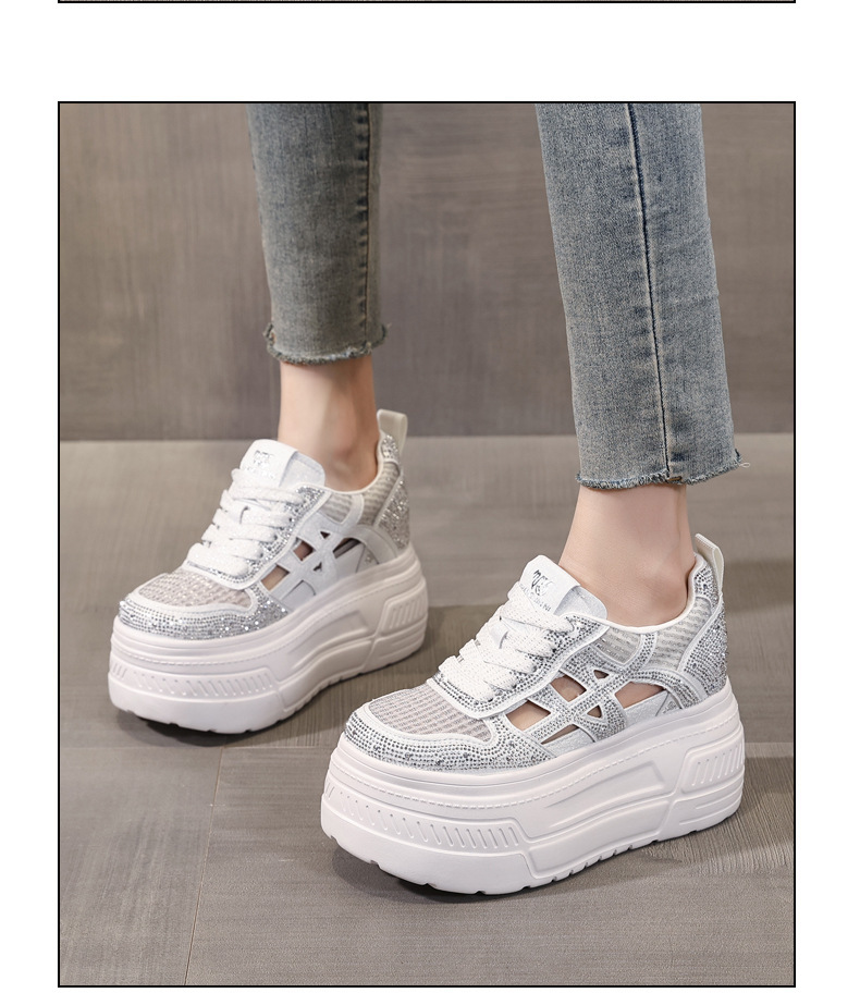 Giày sneaker nữ đế dày tăng chiều cao, phối đá rhinestone, lưới thoáng khí — màu trắng chi tiết 13
