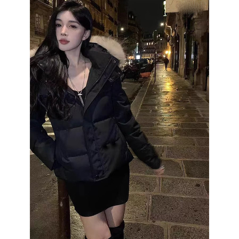 2025年新款收腰版白鸭绒羽绒服女冬季短款白色修身可拆卸毛领外套|undefined
