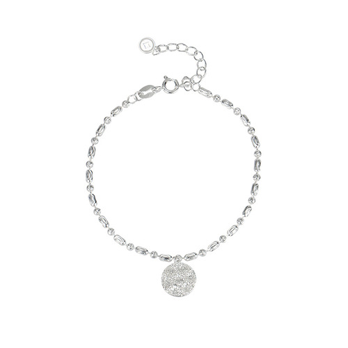 Korean Vintage S925 Pure Silver Shimmering Wave Charm Lucky Letter Round Pendant Cold Style Elegant Women's Jewelry Bracelet
