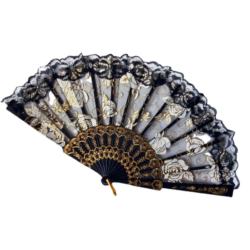 En stock Amazon Rosa ventilador plegable AliExpress ventilador de hueso de plástico borde de encaje Rosa ventilador plegable rosa