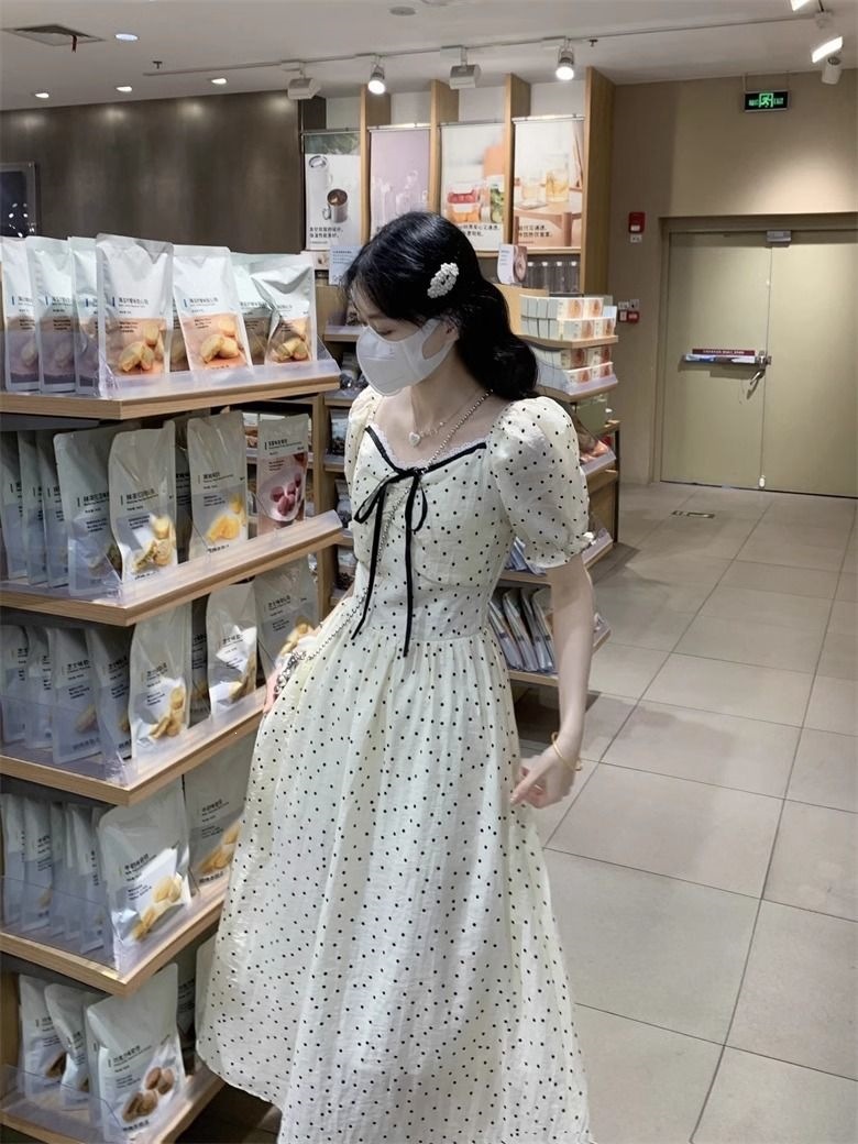 Váy maxi nữ chấm bi phong cách Pháp cổ điển, tay bồng, thắt eo, dài qua gối — Ưu tiên giao hàng tại cửa hàng chi tiết 6
