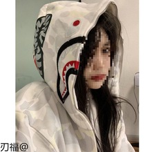 美式高街个性鲨鱼印花连帽卫衣女2020春秋ins潮薄款拉链开衫外套