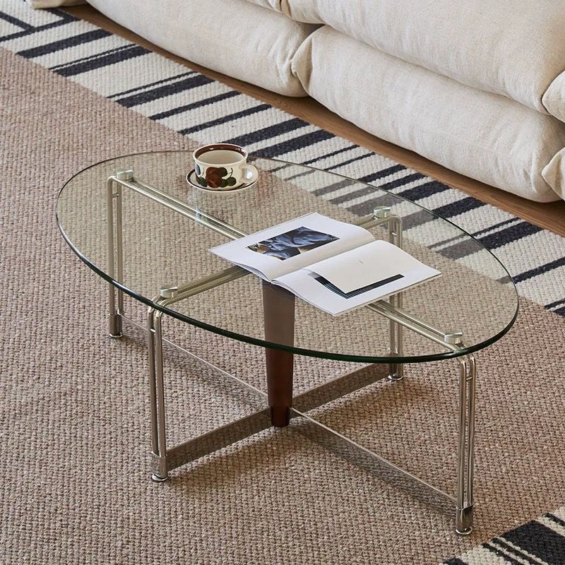 Bauhaus retro mesa de té de acero inoxidable sala de estar ovalada mesa de té de vidrio temperado simple y moderna image 2